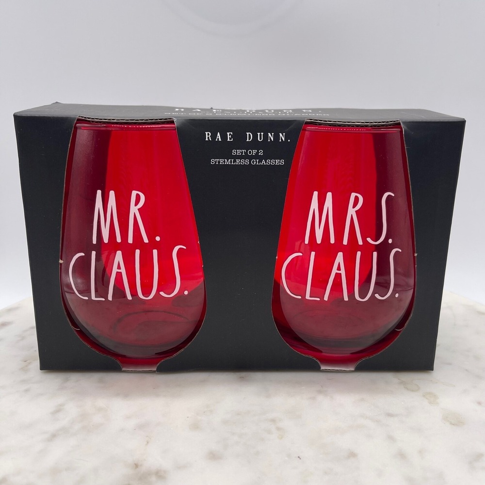 Rae Dunn Mr Claus and Mrs Claus Red‎ Wine Stemless Glasses Christmas New